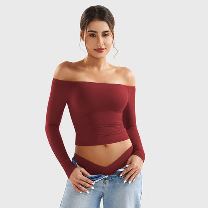 Double-Lined Off Shoulder Long Sleeve Tops for Women Slim Fit Going Out Shirts