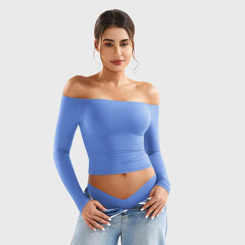 Double-Lined Off Shoulder Long Sleeve Tops for Women Slim Fit Going Out Shirts