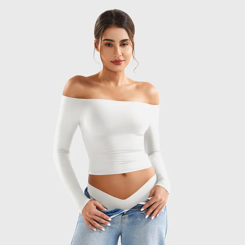 Double-Lined Off Shoulder Long Sleeve Tops for Women Slim Fit Going Out Shirts