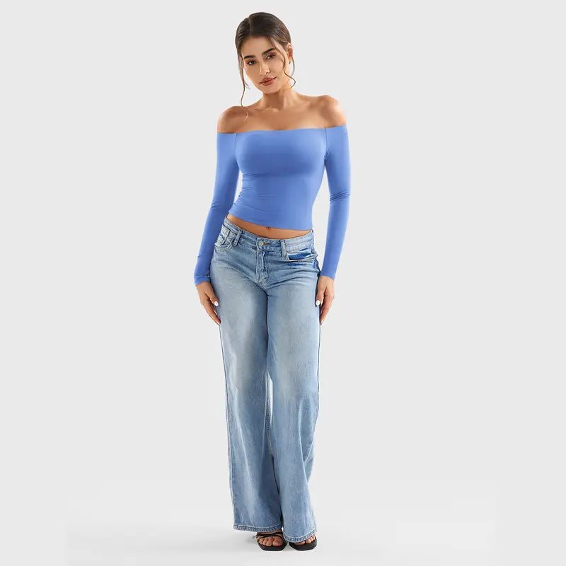 Double-Lined Off Shoulder Long Sleeve Tops for Women Slim Fit Going Out Shirts