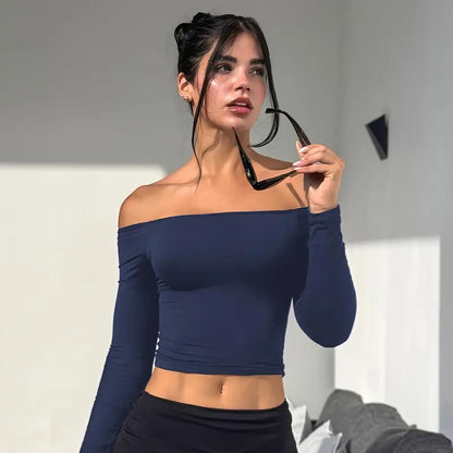 Double-Lined Off Shoulder Long Sleeve Tops for Women Slim Fit Going Out Shirts