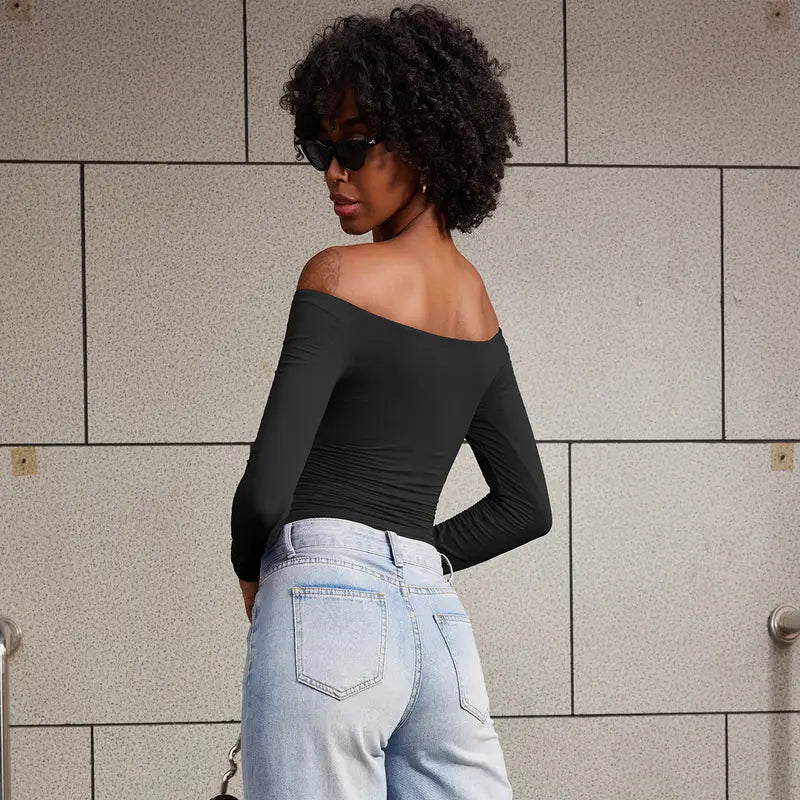 Double-Lined Off Shoulder Long Sleeve Tops for Women Slim Fit Going Out Shirts